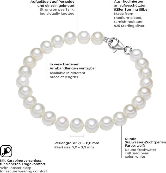 Immagine prodotto Valero Pearls Donna Argento 925 - Perle d'acqua dolce coltivate bianche - 3850 (23 cm, Argento 925, Perle)