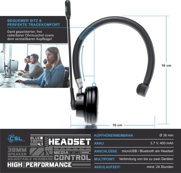 Produktbild CSL Wireless Headset, Bluetooth Kopfhörer mit flexiblem hochklappbarem Mikrofon, kabellos, leicht (Kabellos, USB-A)