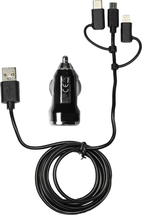Actual product image Benson 3in1 car charger with USB-C, Micro-USB & Lightning ports, black