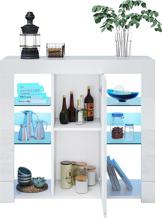 SONNI Sideboard, Küchenschrank mit LED-Beleuchtung (in 12 Farben einstellbar), Weiss, Hochglanz, Aufb