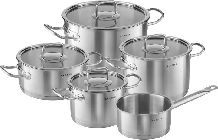 KLAMER Topf-Set 5-tlig. mit Glasdeckel, Induktion, unbeschichtetes Edelstahl Profi-Kochtopfset (23 cm, Pfannenset + Topfset, Edelstahl)
