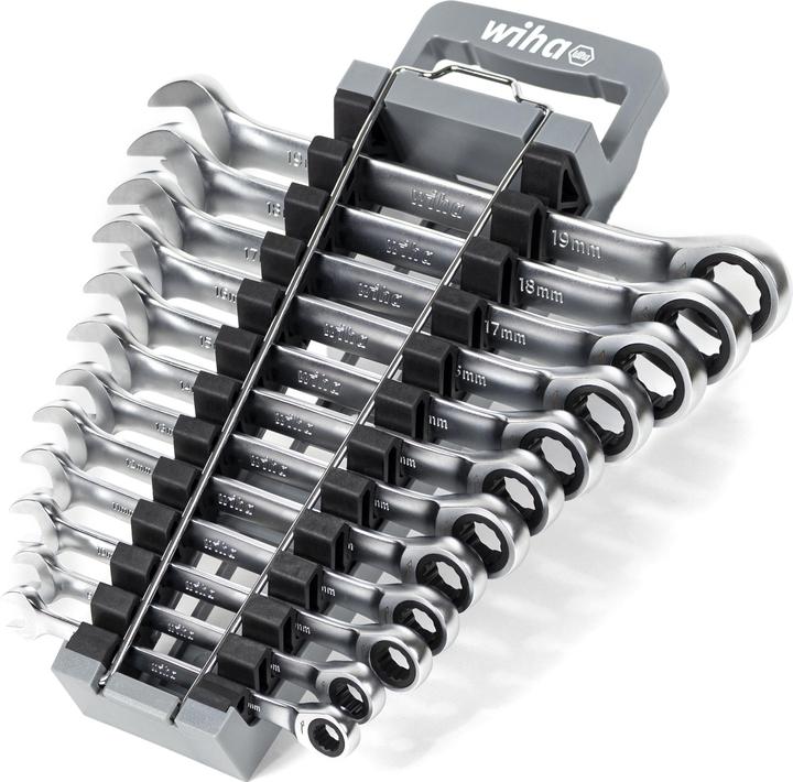 Produktbild Wiha Ringratschen-Gabelschlüssel Set 12-tlg. inkl. Halter I Ring Ratschenschlüssel Set 8-19 mm (8 mm, 9 mm, 10 mm, 11 mm, 12 mm, 14 mm, 16 mm, 18 mm, 13 mm, 15 mm, 17 mm, 19 mm)