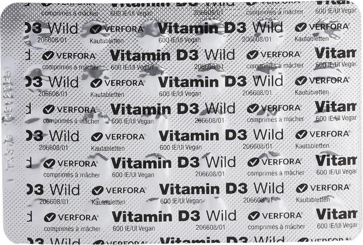 Valori nutrizionali e ingredienti Wild Pharma Vitamina D3 Wild Tabl 600 UI vegan 60 Capsule (90 Pezzo/i, Pillole, 25 g)