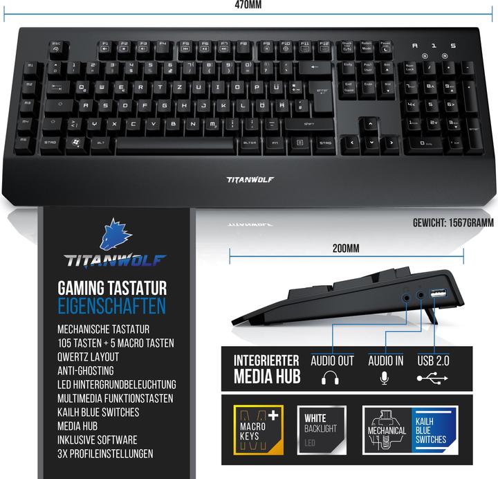 Actual product image Titanwolf Gaming Keyboard "Enforcer" mechanical, LED lighting / QWERTY / Keyboard with Kailh Blue Switches (DE, Cable)