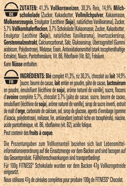 Valeurs nutritives et ingrédients Fitness Chocolat au lait Céréales (375 g)