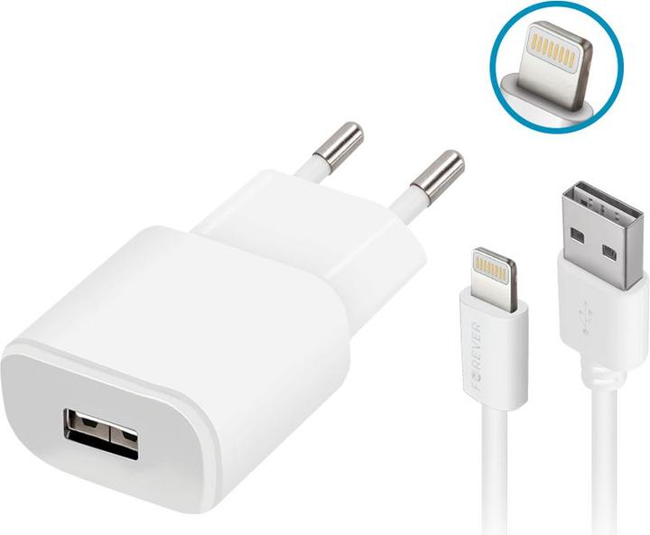 Produktbild Forever TC-01 Ladegerät 1x USB 1A weiss + Lightning Kabel