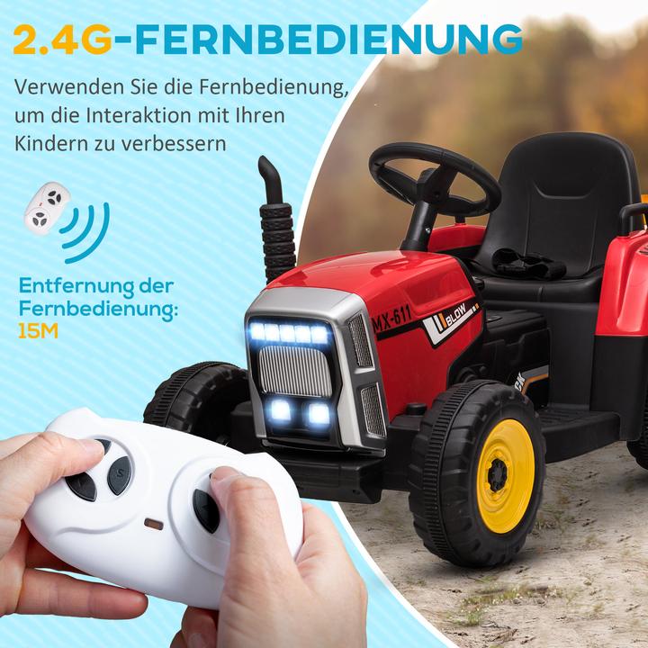 Immagine prodotto Swisshandel24 Trattore elettrico per bambini con rimorchio, telecomando, MP3, fari, 3-6KM/H, rosso