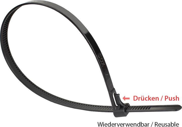 Actual product image Good Connections Reusable cable tie 150 mm x 7.2 mm, black, UV-resistant, -40 °C to +85 °C, 100 pcs. (Plastic cable ties, 150 mm, 100 pcs.)