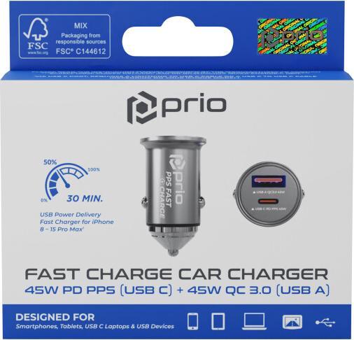 Immagine prodotto prio Caricatore da auto a ricarica rapida 45W PD (USB C) + 45W (USB A) nero