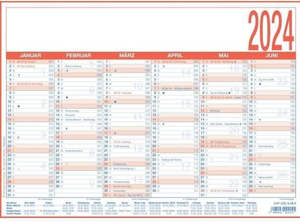 Calendrier de travail 2024 - A4 (29 x 21 cm) - 6 mois sur 1 page - calendrier semainier - sur carton (Allemand)