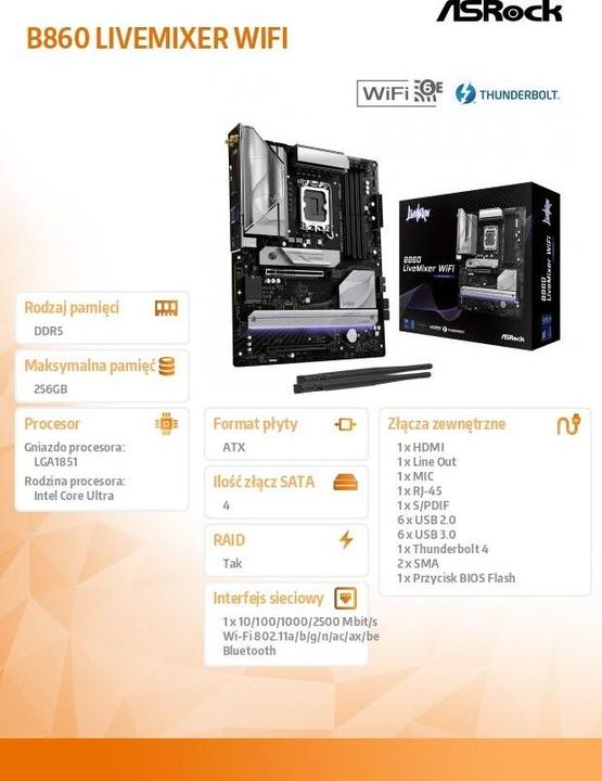 Produktbild AsRock B860 LiveMixer WiFi DDR5 Intel S retail (LGA 1851, Intel B860, ATX)