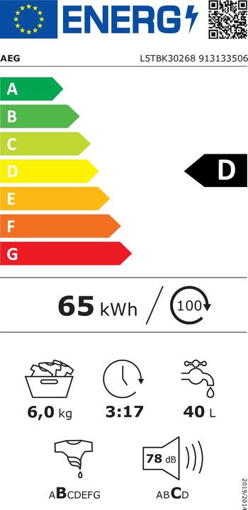 Label énergétique AEG L5 TBK 30268 Toplader D 6kg 1200U AquaStop Tuyau AquaStop (6 kg)