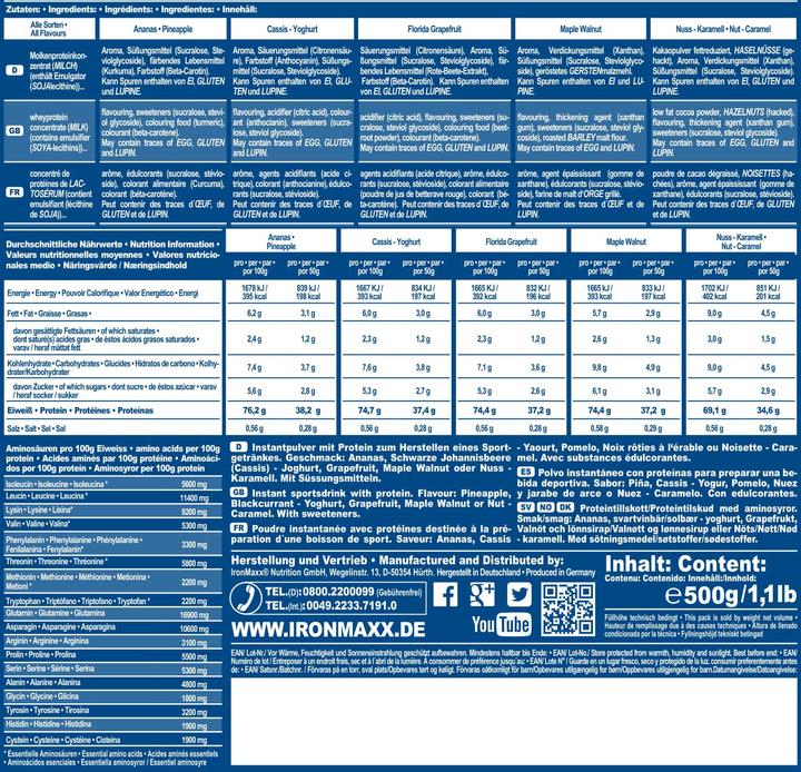 Nährwerte und Zutaten IronMaxx 100% Whey Protein (500g Beutel) (Heidelbeere, Cheesecake, 1 Stk., 500 g)