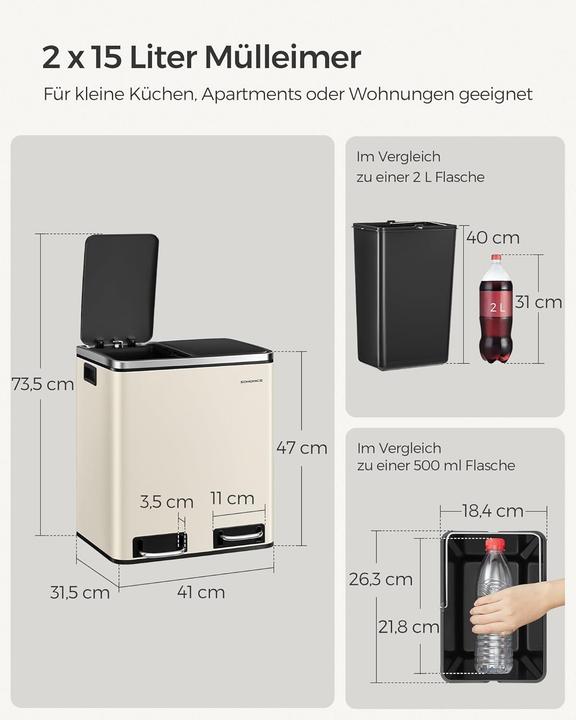 Produktbild Songmics LTB30A02 Mülleimer, 2x15 Liter, Softclose-Deckel (30 l)