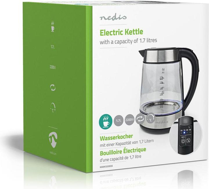 Produktbild Nedis Wasserkocher - Glasgehäuse - Temperaturanzeige - Variable Temperaturen (60, 70, 80, 90, 100 (1.70 l, EU-Stecker)