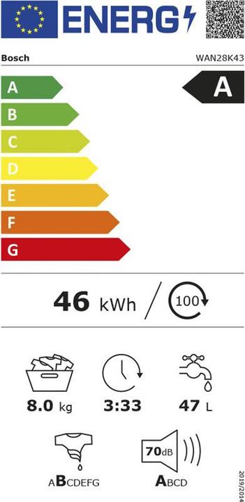Energy Label Bosch Hausgeräte WAN28K43 & WQG233D40 (8 kg, Left)