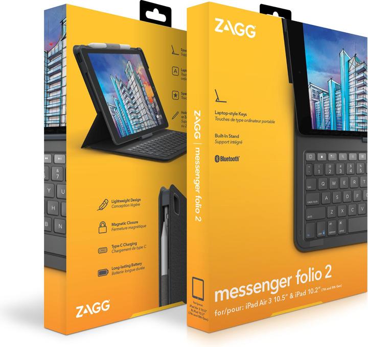 Immagine prodotto Zagg Messaggero Folio 2 (CH, iPad 2020 (8. Gen), iPad 2019 (7° gene), iPad Air 2019 (3. Gen), iPad 2021 (9a generazione))