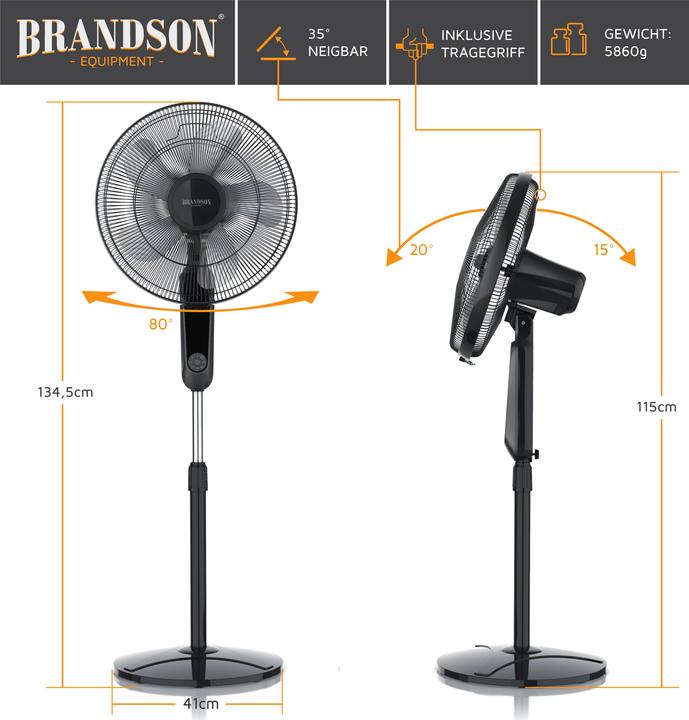 Actual product image Brandson Pedestal fan 45.5cm Ø, DC, quiet, remote control, energy-saving, oscillation, 25 speeds, black (60 dB)