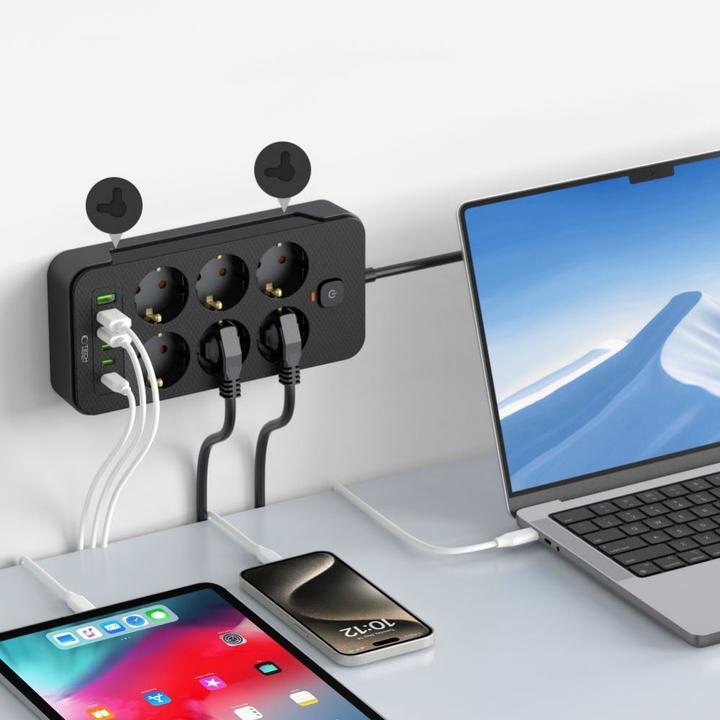 Produktbild Tech-Protect PC6X6 Power Strip 6 Sockets 240V + 3xUSB-A + 3xUSB-C 200cm - Black (6 x, USB-A, USB-C, 2 m)