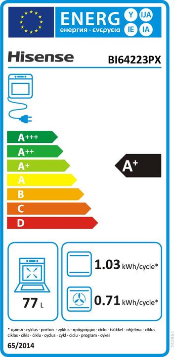 Energy Label Hisense BI64223PX Thermoventilated Multifunction Oven, XXL cavity 77L