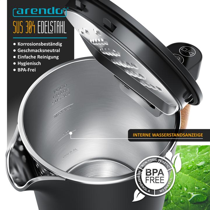 Produktbild Arendo Edelstahl Wasserkocher 1,5 L, 2200 W, Temperatureinstellung 45°C - 100°C, Warmhaltefunktion, Schwarz (1.50 l)