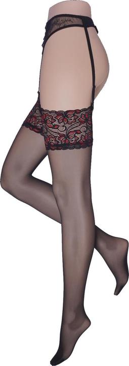 Actual product image Levee Satin Sheers suspender stockings, colour 601 black-red, size 58-60 (20 DEN, 58 - 60)