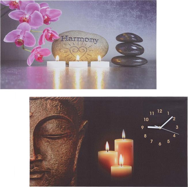 Actual product image Swisshandel24 2x LED Picture, Canvas Picture Illuminated Wall Picture, Timer Buddha/Harmony Wall Clock 70x40cm (70 x 40 x 3 cm)