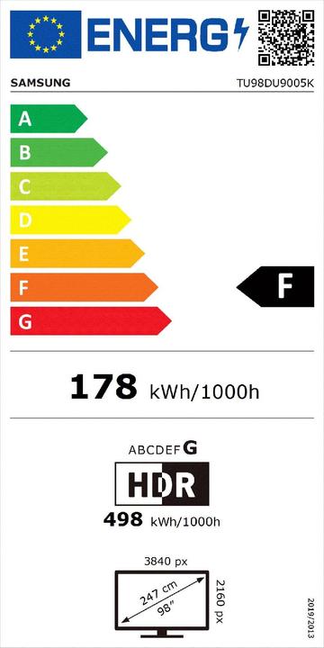 Label énergétique Samsung TV Crystal UHD 98" DU9005 2024, 4K, Smart TV XXL (98", LED, 4K)