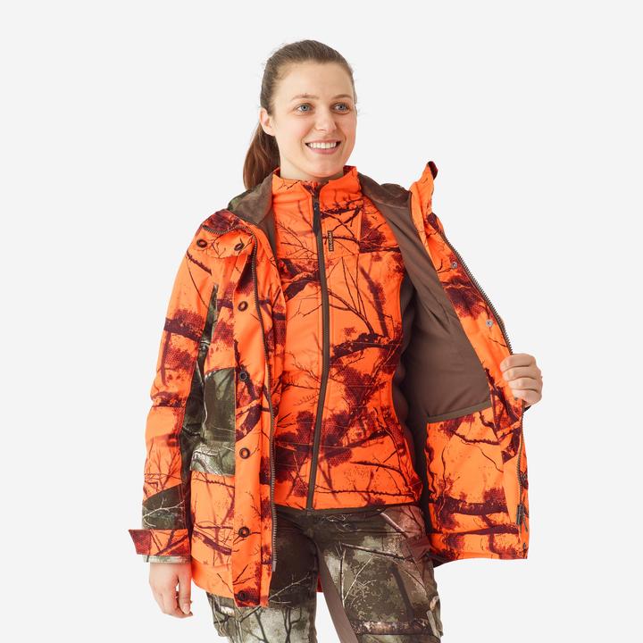 Produktbild Solognac Women’s 3-in-1 warm silent waterproof hunting jacket neon camouflage 500 (34)