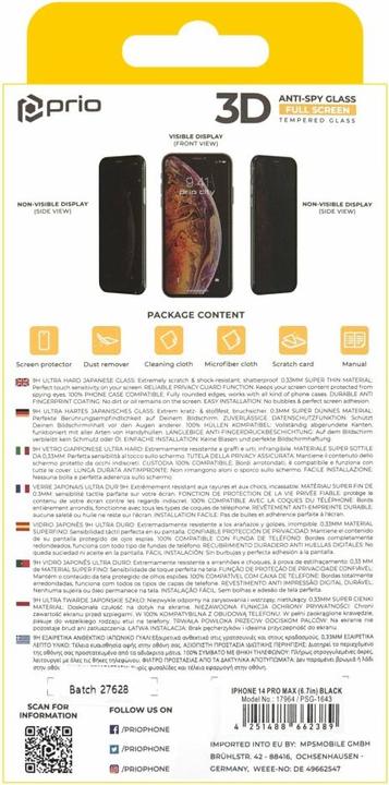 Image du produit prio Verre trempé 3D anti-mouchard pour iPhone 14 Pro Max (6,7 pouces) noir (1 pièce(s), Apple iPhone 14 Pro Max)