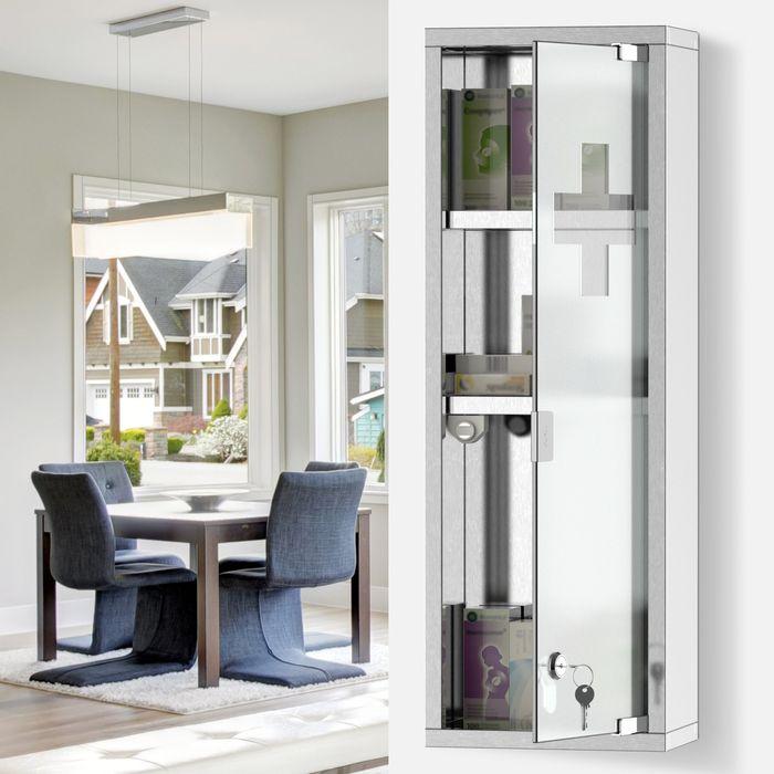 Produktbild Swisshandel24 Medizinschrank Arzneischrank Erste-Hilfe-Schrank mit Schloss 3 Fächer Mattglas 430 Edelstahl+gehärte (20 x 12 x 58 cm)