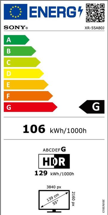 Label énergétique Sony OLED XR-55A80J (55", X80J, OLED, 4K, 2021)