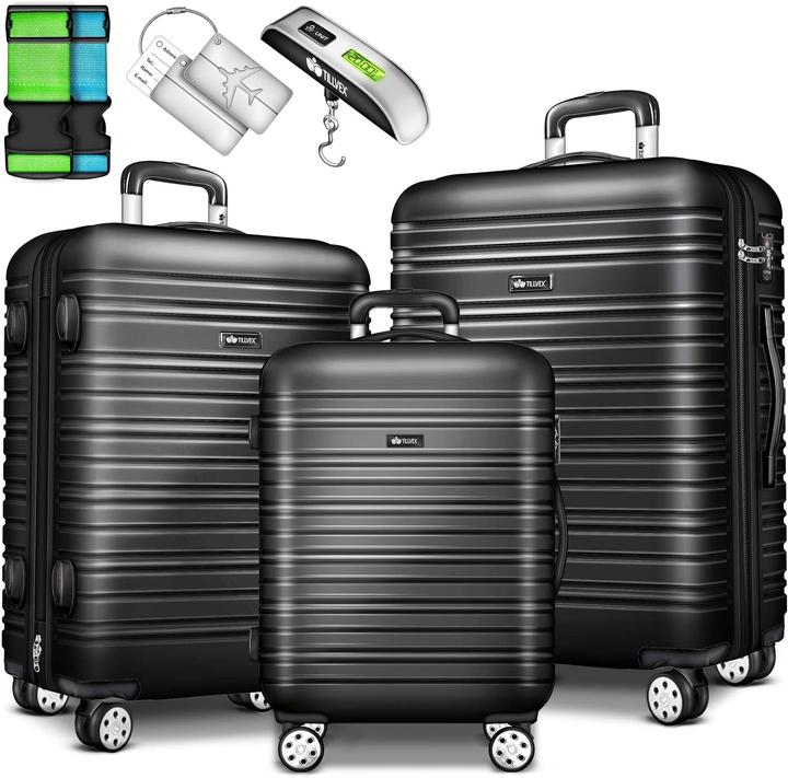 Tillvex 3-teiliges Reisekoffer-Set mit Kofferwaage & Anhänger (M (50 - 90l), L (90 - 115l), XL (ab 115l))