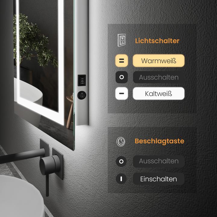 Produktbild Emke Badezimmerspiegel mit Beleuchtung 50*60cm,Beschlagfrei, 3000K/6500K,Tast Schalter