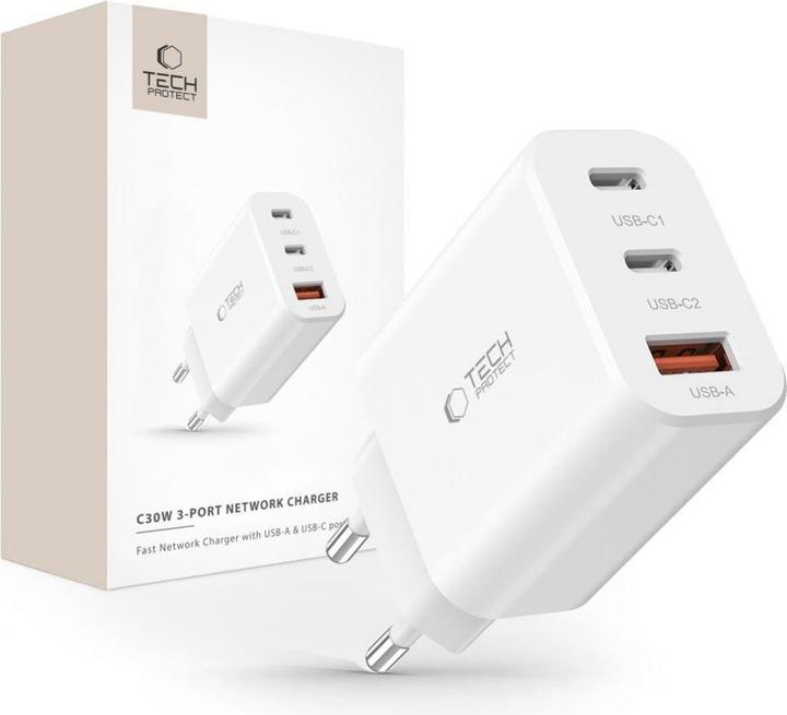 Actual product image Tech-Protect NC30W network charger 2x USB-C PD 30W / USB-A QC 3.0 - white (30 W)