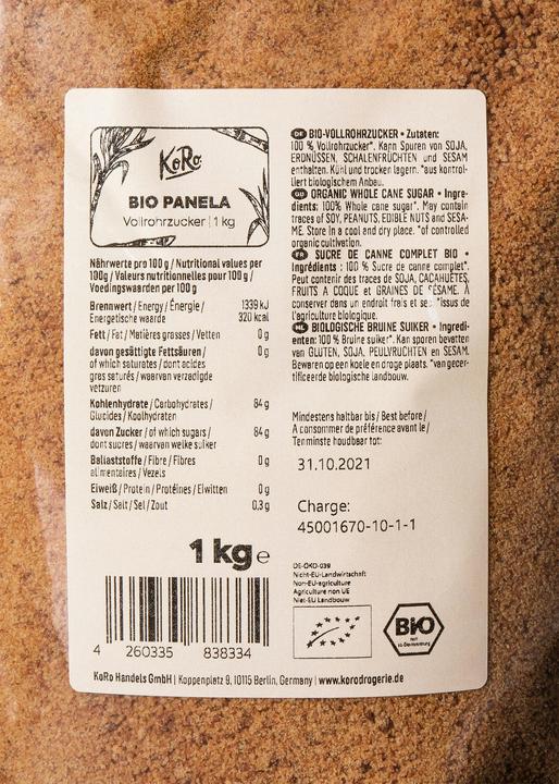Valeurs nutritives et ingrédients KoRo Sucre de canne complet bio (1000 g)
