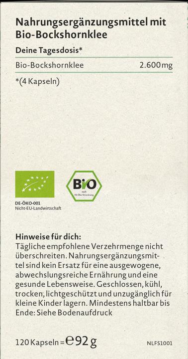 Nährwerte und Zutaten Nature Love Bio Bockshornklee (120 Stück, Kapseln, 92 g)
