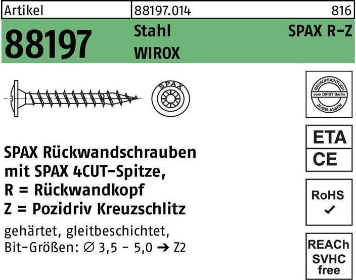Produktbild Spax Rückwandschraube R 88197 m.Spitze/Kreuzschlitz-PZ 4 x 45/42-Z Stahl galvanisch verzinkt WIROX (1000 Schrauben pro Stück)