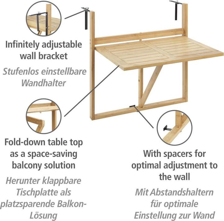 Actual product image Wenko Bamboo balcony folding table Mod. Waikiki for hanging on balcony railings (64 cm)