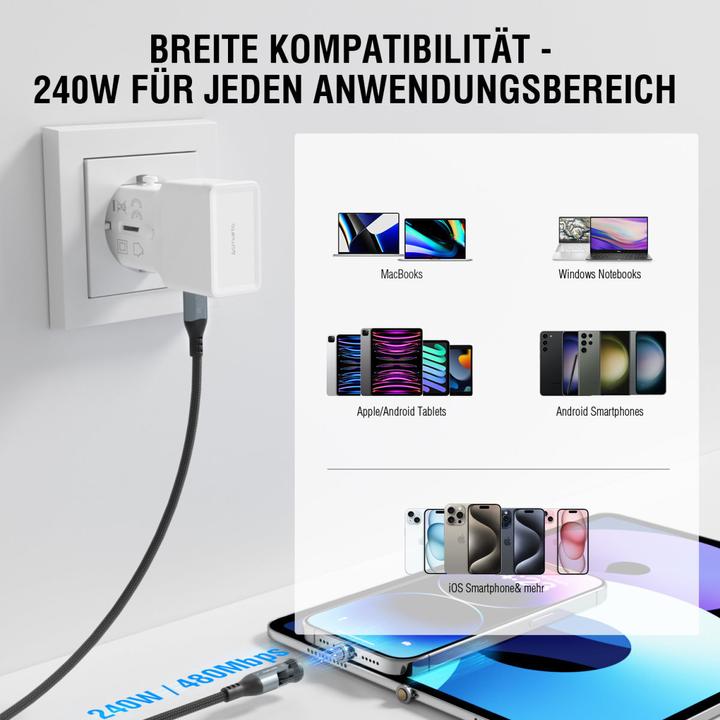 Actual product image 4smarts USB-C 540° Magnetkabel-Set GravityCord (1.80 m, USB 2.0, 240 W)