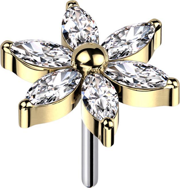 Star Piercing Threadless Blume vergoldet Kristalle silber (Titan G23, ohne Messing)