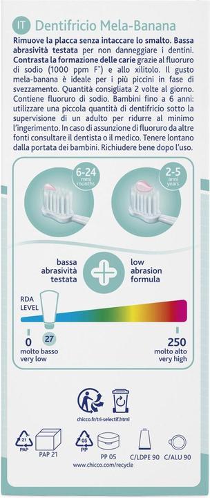 Produktbild Chicco Fruchtige Zahpasta mit Apfel/Bananengeschmack, MIT Fluorid 1000ppm, 50ml - 6-24m (50 ml)