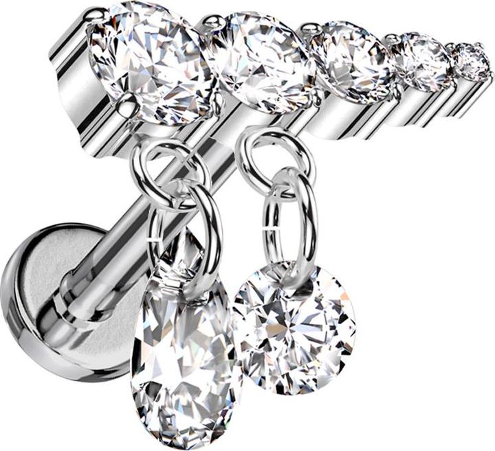 Produktbild Star Piercing Micro Labret Innengewinde silber fünf Kristalle silber Anhänger zwei Ketten Kristalle silber rechts (ohne Messing, Titan G23)