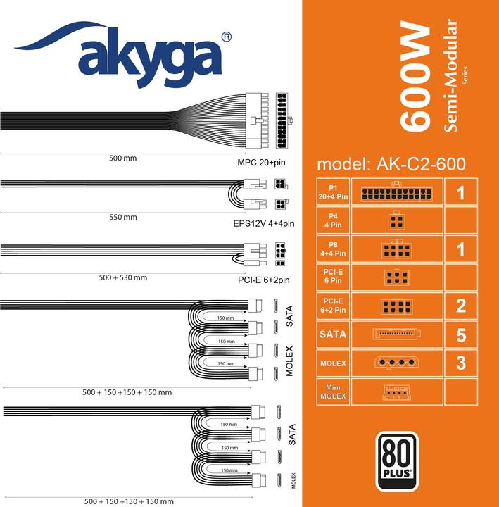 Valori nutrizionali e ingredienti Akyga Alimentatore ATX 600W AK-C2-600 Semi-Modulare P4+4 2x PCI-E 6+2 pin 5x SATA 3x Molex FAN 12cm (600 W)