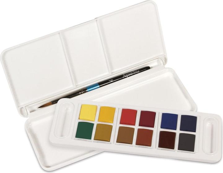 Actual product image Daler-Rowney Aquafine Watercolour Travel Set (Licher ochre, Ultramarine blue, Hooker's Green Dark, Chinese white, Cobalt blue, alizarin crimson, Lemon, Cadmium red, Siena Nature, Payne's grey, Rubber goods, Siena burnt)