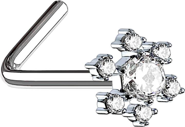 Star Piercing Nasenstecker gewinkelt silber Blume mit grossem Kristall silber (Chirurgenstahl 316L, Messing)