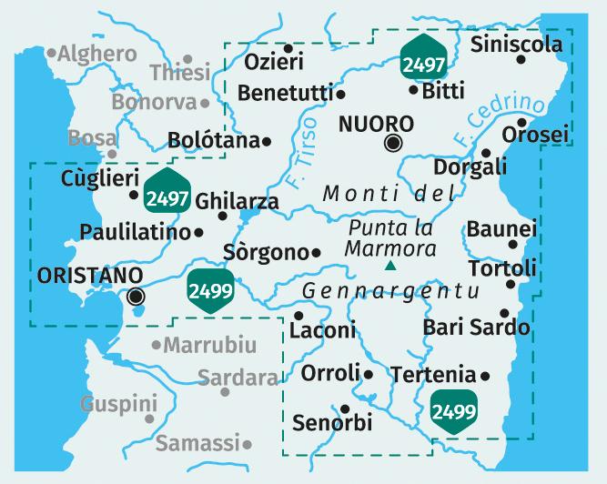 Immagine prodotto Set di carte escursionistiche 2498 Sardegna Centro / Sardegna Centrale (4 carte) 1:50.000