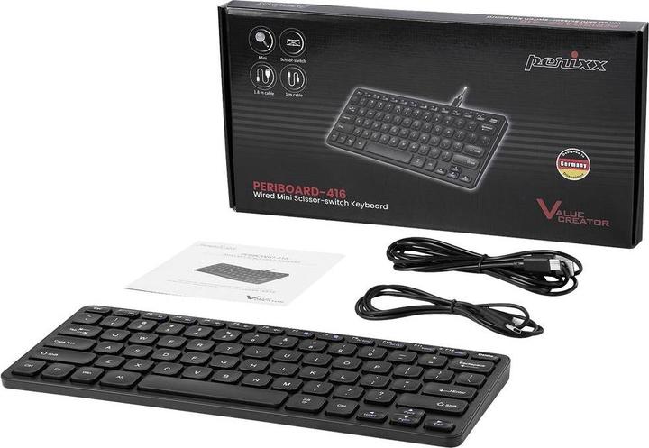 Immagine prodotto Perixx PERIBOARD-416 IT, cablata, mini tastiera USB con 4 hub, nera (DE, Cablato)