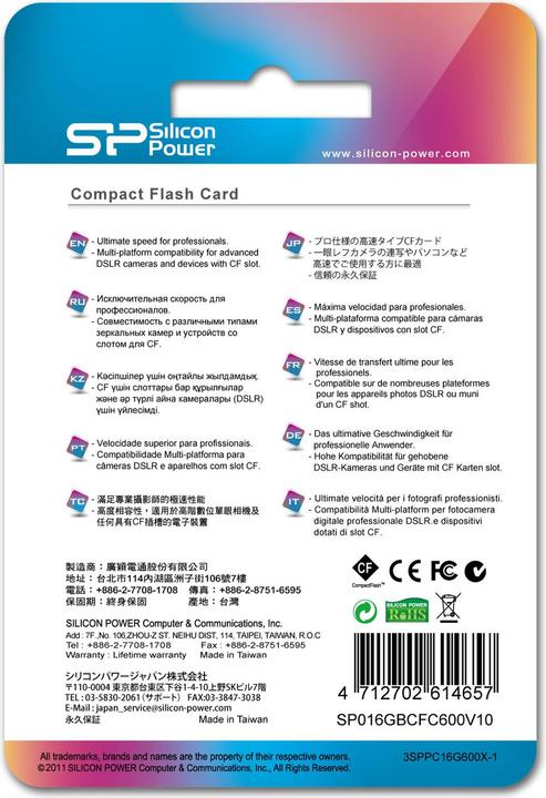 Immagine prodotto Silicon Power 16GB 600x CF Lettura fino a 90MB/s Interfaccia ATA Modalità PIO 6 MWDMA 4 UDMA 6 Funzione ECC Re (16 GB, CF)