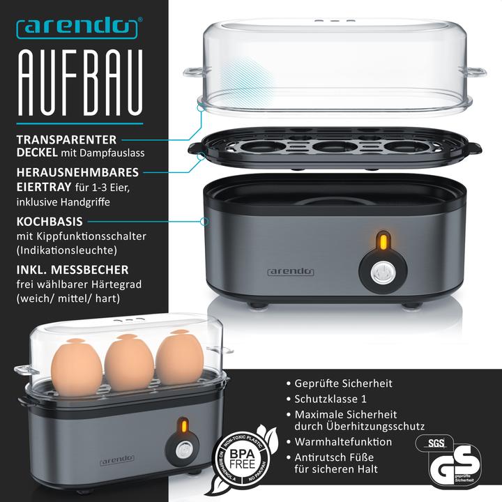 Image du produit Arendo Petit-déjeuner, bouilloire 1,5l, grille-pain 2 tranches et cuiseur à oeufs pour 3 oeufs, gris